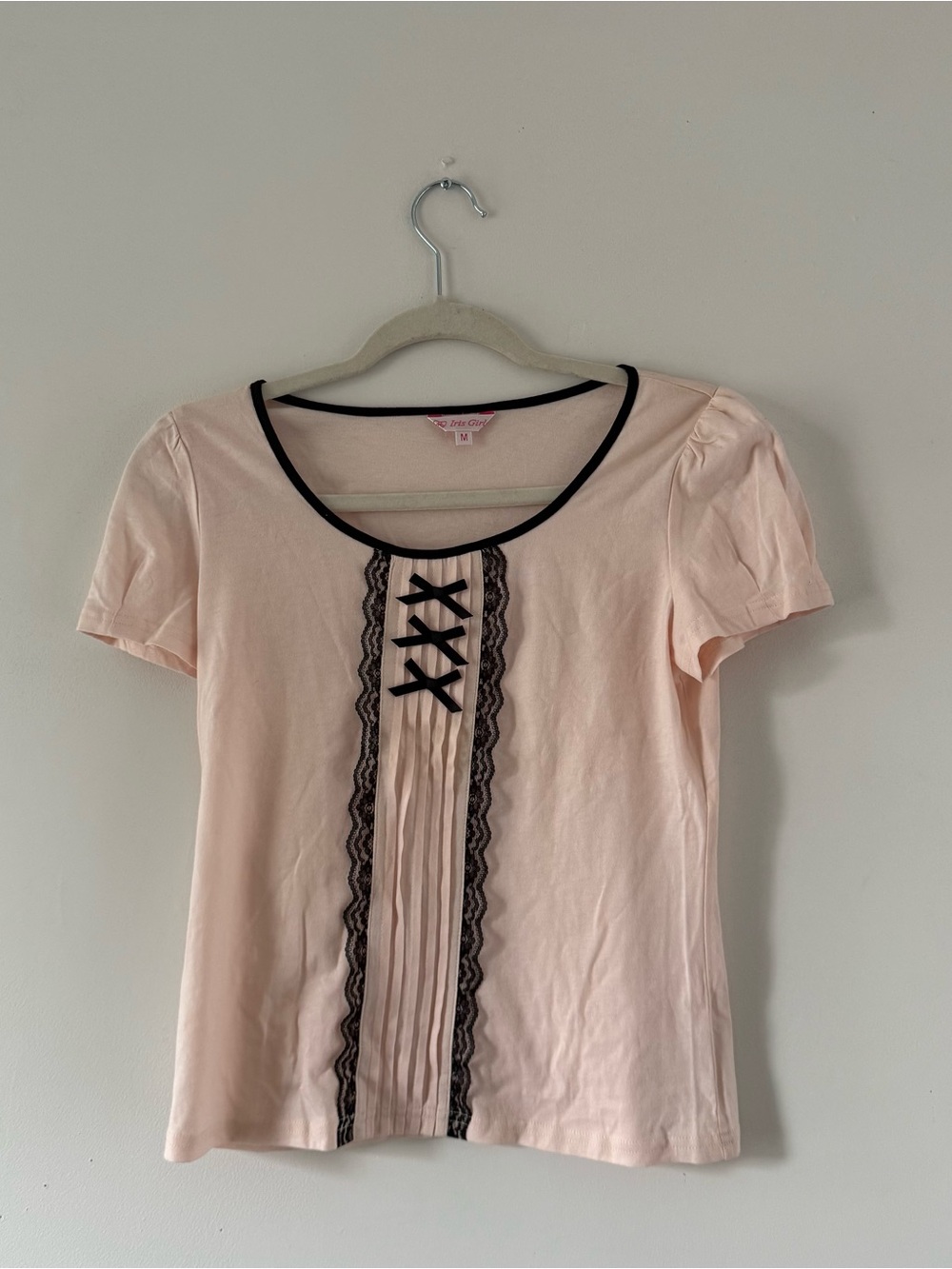 Soft Pink Coquette Top w/ Black Lace & Ribbon Detail | Y2K Feminine